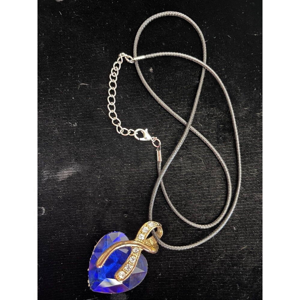 Blue Crystal Heart Pendant Necklace Black Cord Gold Bail Y2K